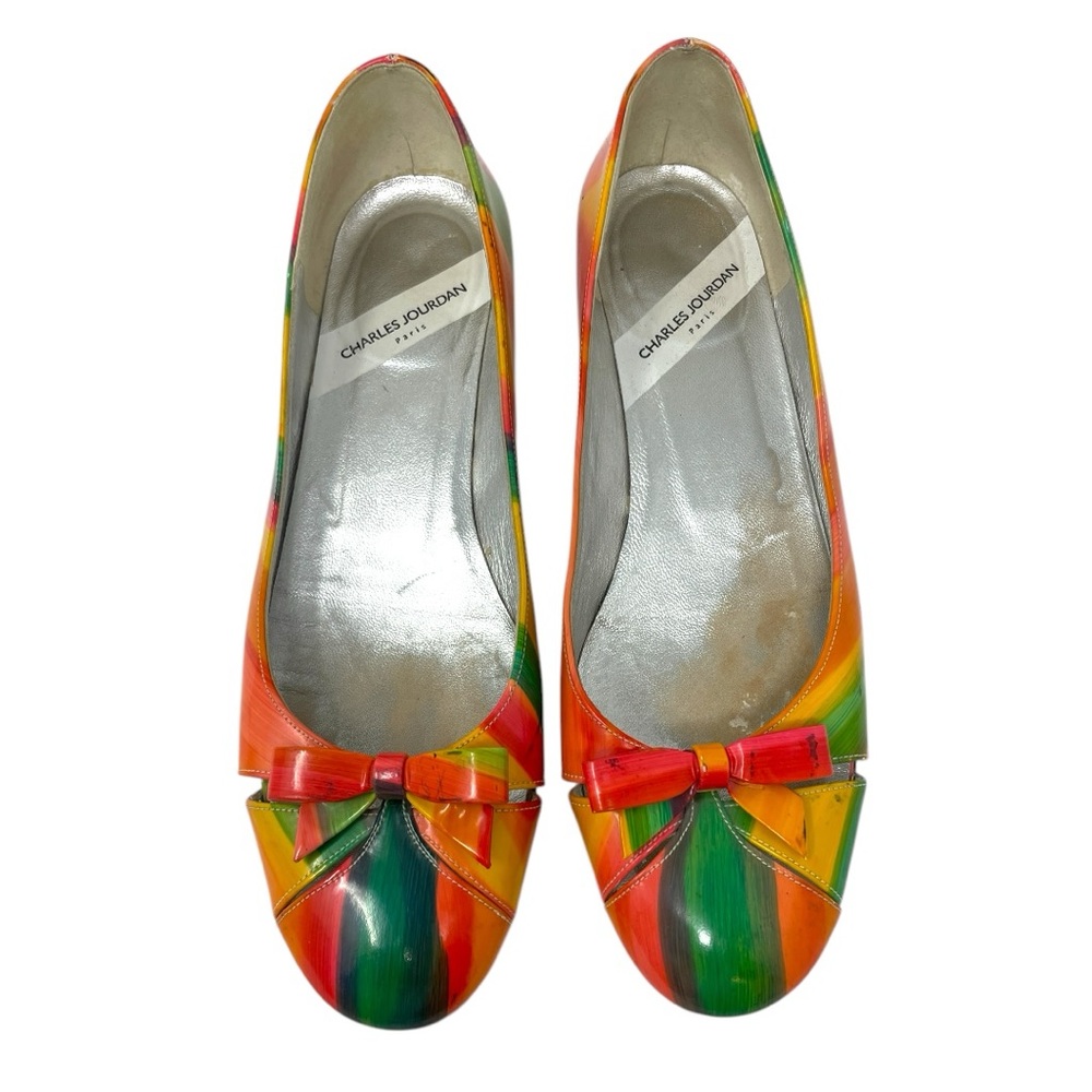 Vintage Charles Jourdan Kitten Heel Round Toe Ballet Flat Bow Green Orange Pink